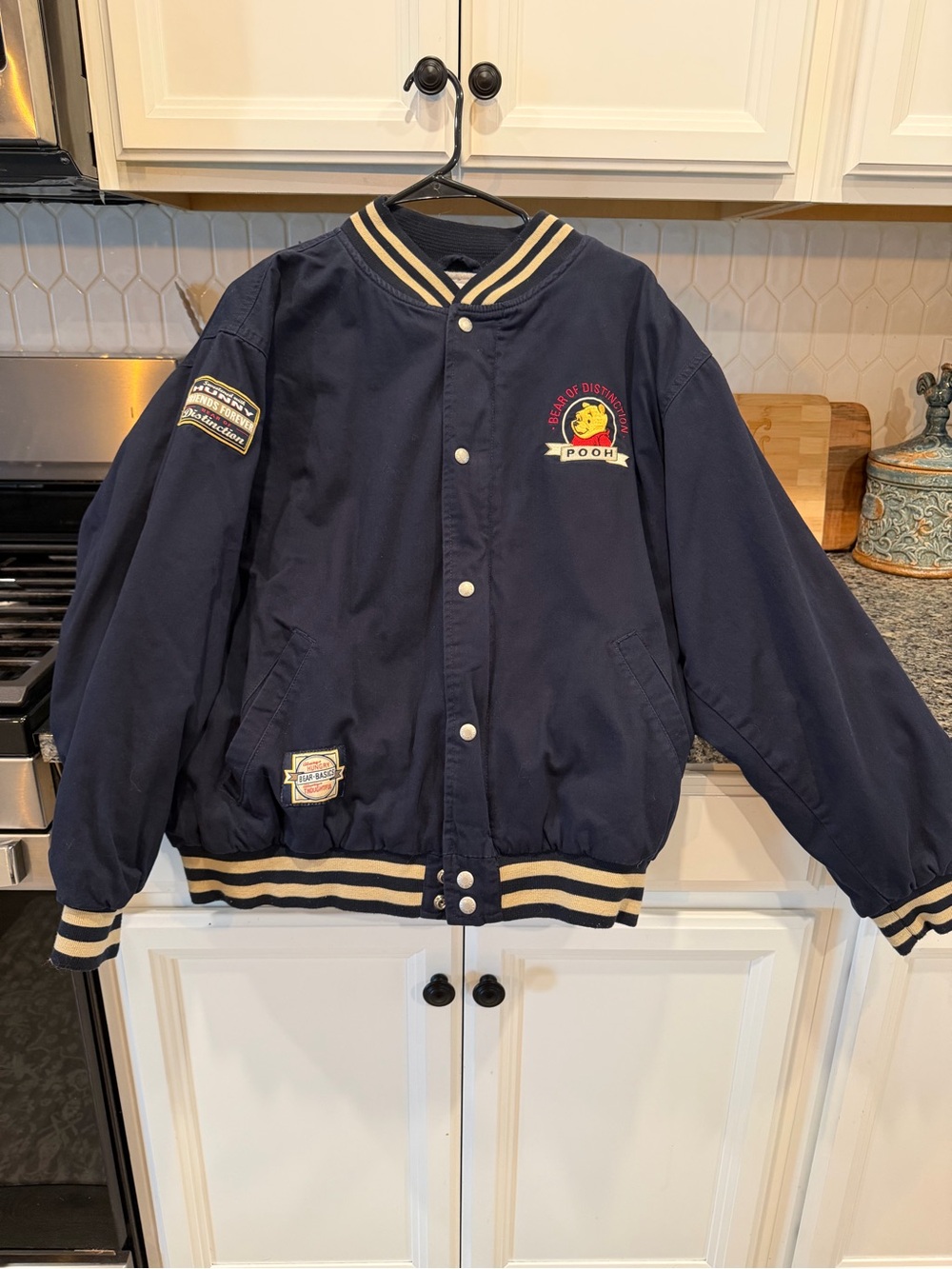Disney Navy Bomber Jacket with Cream Stripe Trim and Pooh Patch